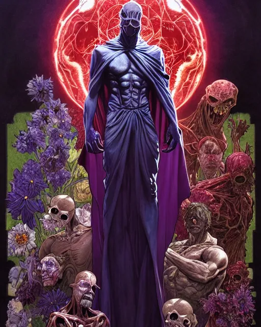 Image similar to the platonic ideal of flowers of cletus kasady ultimate carnage thanos dementor doctor manhattan chtulu nazgul, detailed, intricate, hyperrealism, intense, scary, decay, dmt, art by brock hofer and artgerm and greg rutkowski and alphonse mucha