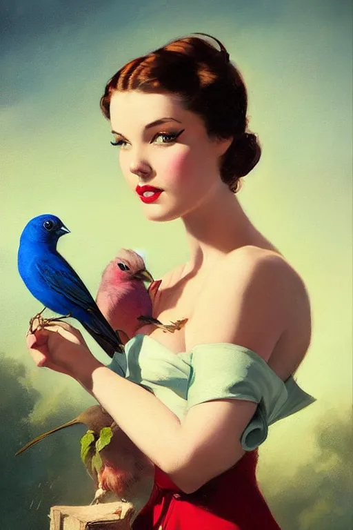 Image similar to hyper realistic painting, tasteful pinup girl holding an indigo bunting, bird, the bird is wearing a bowtie, by greg rutkowski, rossdraws, gil elvgren, enoch bolles, anime, porcelain skin, very coherent