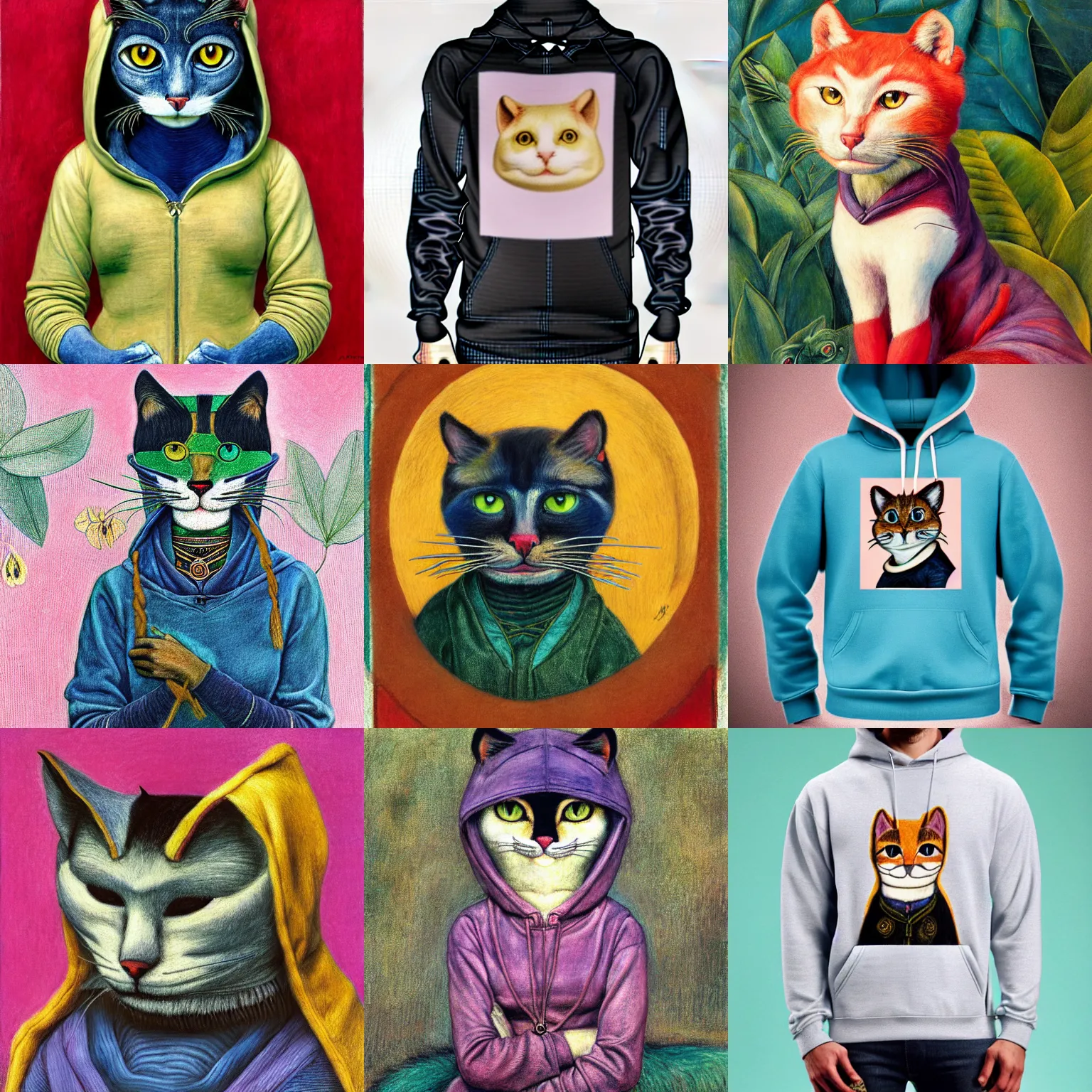 Prompt: anthropomorphic cool cat wearing a hoody, pastel colors, smooth, sharp focus, extremely detailed, by annie swynnerton, frida kahlo, adolf wolfli, leo and diane dillon