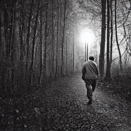 Image similar to old black man walking in woods at night, security camera footage, cctv, black and white,