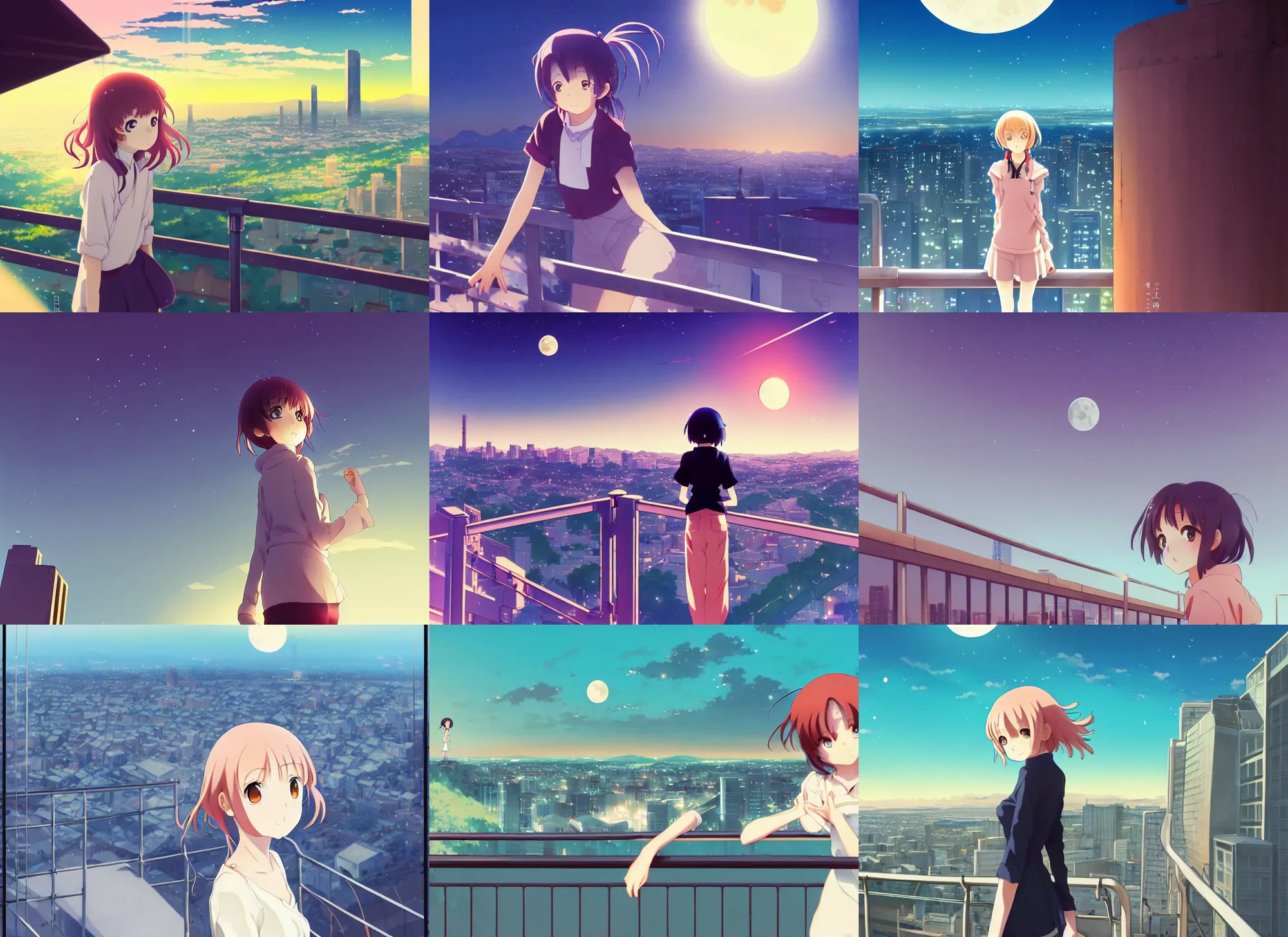 Prompt: anime visual, portrait of a young female sightseeing above the city, guardrail, moon, cute face by yoh yoshinari, katsura masakazu, evening light, dynamic pose, dynamic perspective, strong silhouette, ilya kuvshinov, anime cels, 1 8 mm lens, fstop of 8, rounded eyes, moody