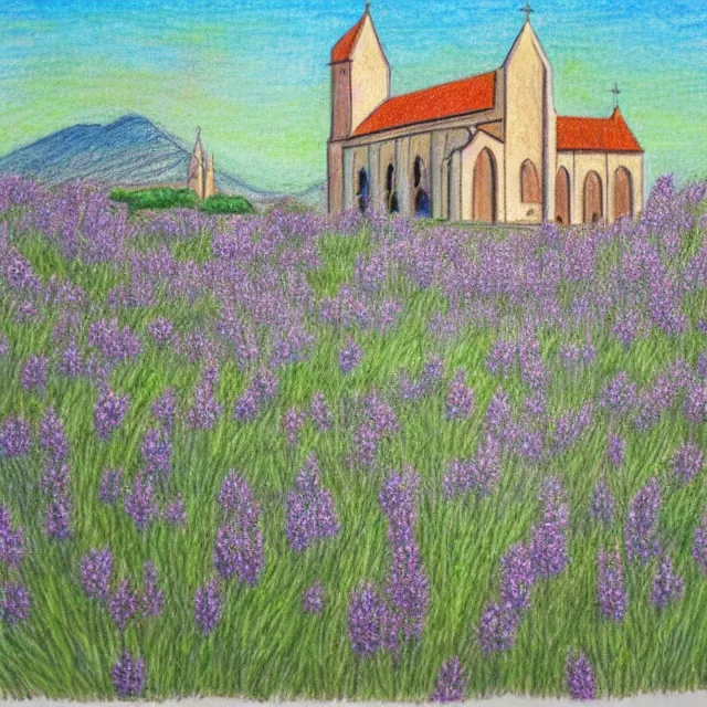 Image similar to abandoned gothic church near a lavander field mediterranean landscape, colored pencil drawing