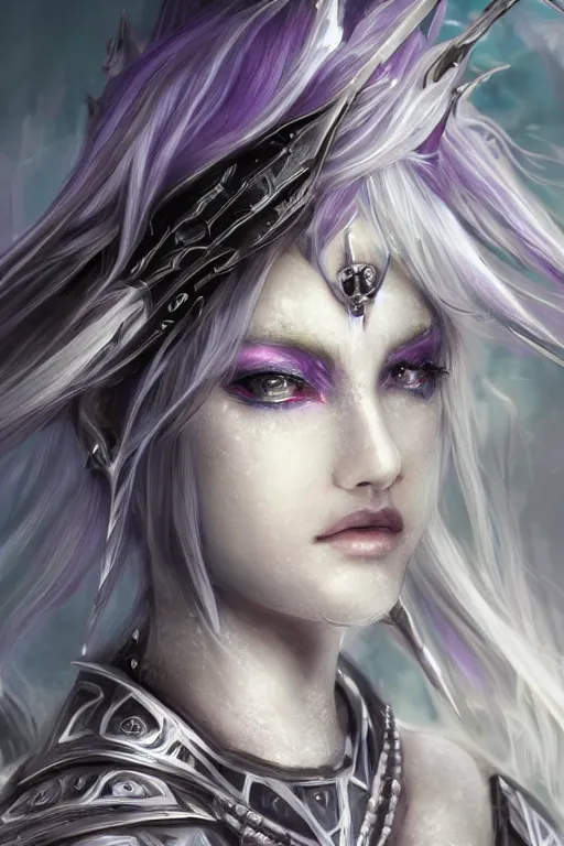 Image similar to portrait evilly white hair knights of Zodiac girl, metalic deep purple and black reflected armor, in ruined Agora of Athens thunder sparkling flash night, ssci-fi, fantasy, intricate, very very beautiful, elegant, highly detailed, digital painting, artstation, concept art, smooth, sharp focus, illustration, art by tian zi and WLOP and alphonse mucha