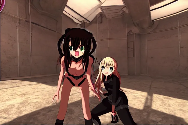 Image similar to an anime girl in a screenshot of the video game doom, the anime girl is crouching