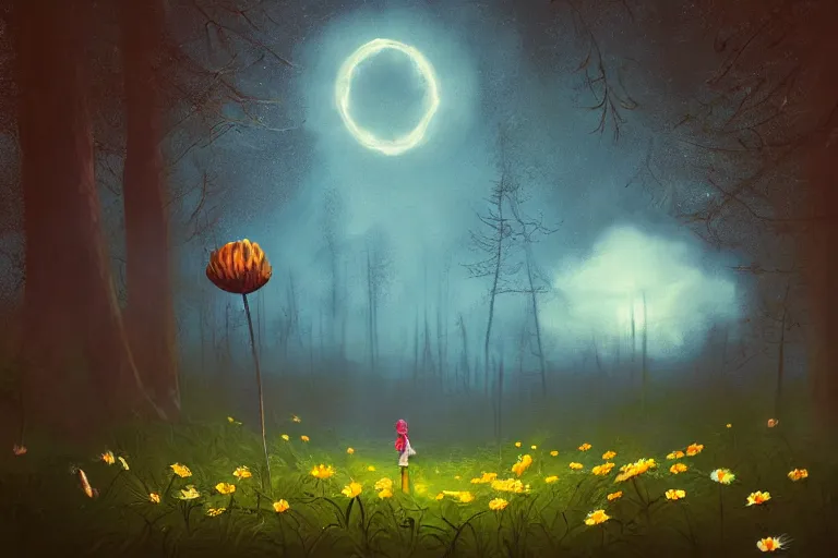 Prompt: giant daisy flower cocking, picking fruits, in a moonlit forest, hills, surreal photography, dark night, star trails, dramatic light, impressionist painting, clouds, digital painting, artstation, simon stalenhag