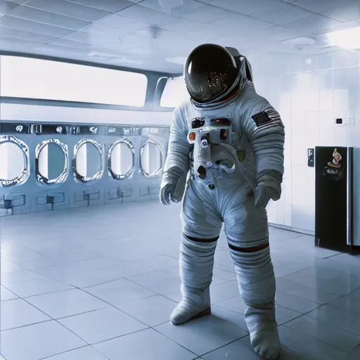 Image similar to a beautiful photo of an astronaut waiting in a laundromat, 1970', soft light, morning light, photorealistic, realistic, octane, 8k, cinematic shot