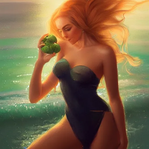 Image similar to beautiful lady klaudia with long gold hair wearing shiny green bikini, sunbathing on a beach of paradise, intricate, elegant, digital painting, soft, focus, edge light, charlie bowater, tom bagshaw, greg rutkowski