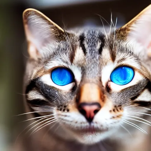 Prompt: a close up of a cat with blue eyes, a portrait by hanns katz, flickr contest winner, mingei, shiny eyes, fisheye lens, shallow depth of field