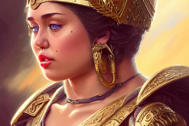 Image similar to miley cyrus as greek goddess athena, closeup, d & d, fantasy, intricate, elegant, highly detailed, digital painting, artstation, concept art, matte, sharp focus, illustration, hearthstone, art by artgerm and greg rutkowski and alphonse mucha