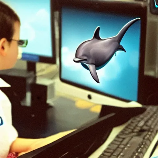 Image similar to A dolphin wearing a chemist outfit playing games on a computer