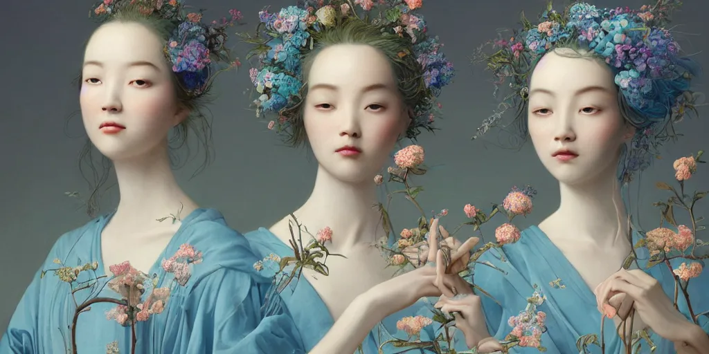 Image similar to breathtaking detailed concept art painting portrait of two goddess of light blue flowers by hsiao - ron cheng, carroty hair, orthodox saint, with anxious piercing eyes, vintage illustration pattern background with bizarre compositions blend of flowers and fruits and birds by beto val and john james audubon, exquisite detail, extremely moody lighting, 8 k