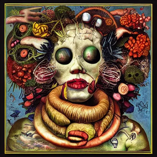 Image similar to punk cd cover, spiral, psychedelic, giuseppe arcimboldo