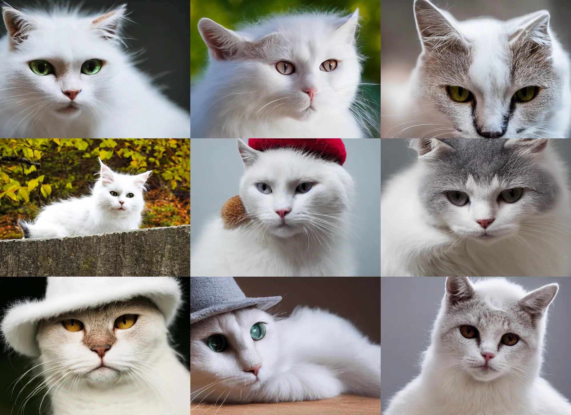 Prompt: white cat with fluffy foxy hat, photorealistic portrait, ultra quality, high detailed, zoom, leica 8 5 mm 1. 2 f