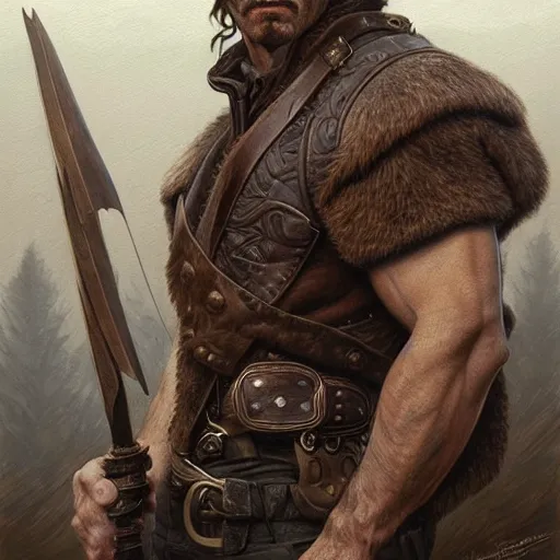 Prompt: portrait of a ruggedly handsome ranger, coherent hands, muscular, full body, leather, hairy, d & d, fantasy, intricate, elegant, highly detailed, digital painting, artstation, concept art, smooth, sharp focus, illustration, art by artgerm and greg rutkowski and alphonse mucha