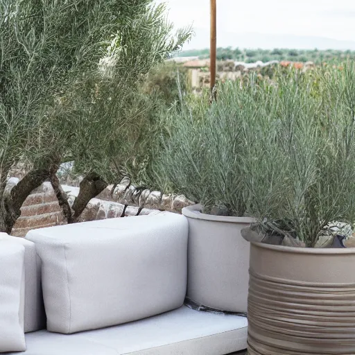 Prompt: large concrete pot on the rooftop, olive trees, comfortable for seating