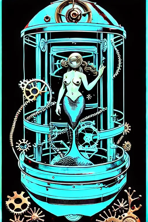 Image similar to steampunk cryo chamber containing a mermaid, high details, intricately detailed, by vincent di fate, inking, 3 color screen print, masterpiece, trending on artstation,, sharp, details, hyper - detailed, hd, 4 k, 8 k