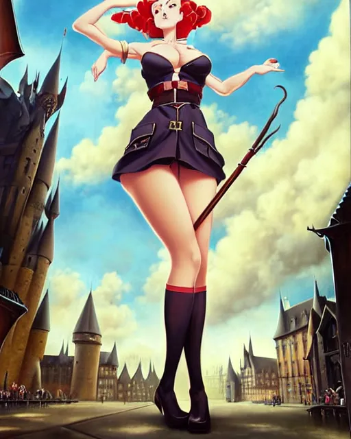Image similar to pinup photo of cute caracal in the crowded square of hogwarts, asuna by a - 1 pictures, by by peter mohrbacher, gil elvgren, enoch bolles, glossy skin, pearlescent, anime, very coherent, sao style anime, flat