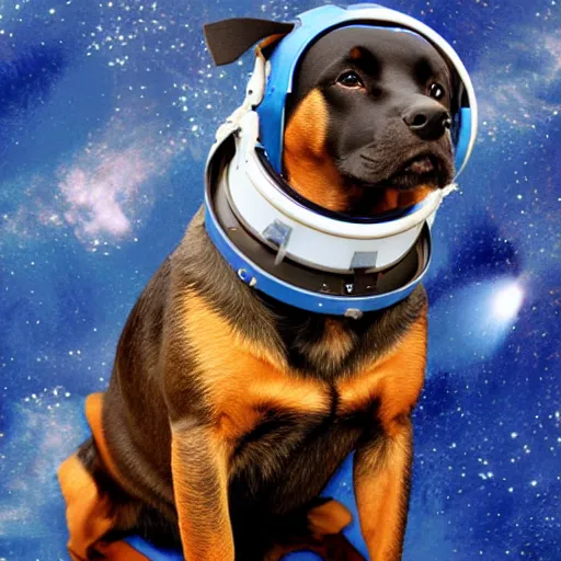 Image similar to a rottweiler dog wearing an astronaut helmet in space