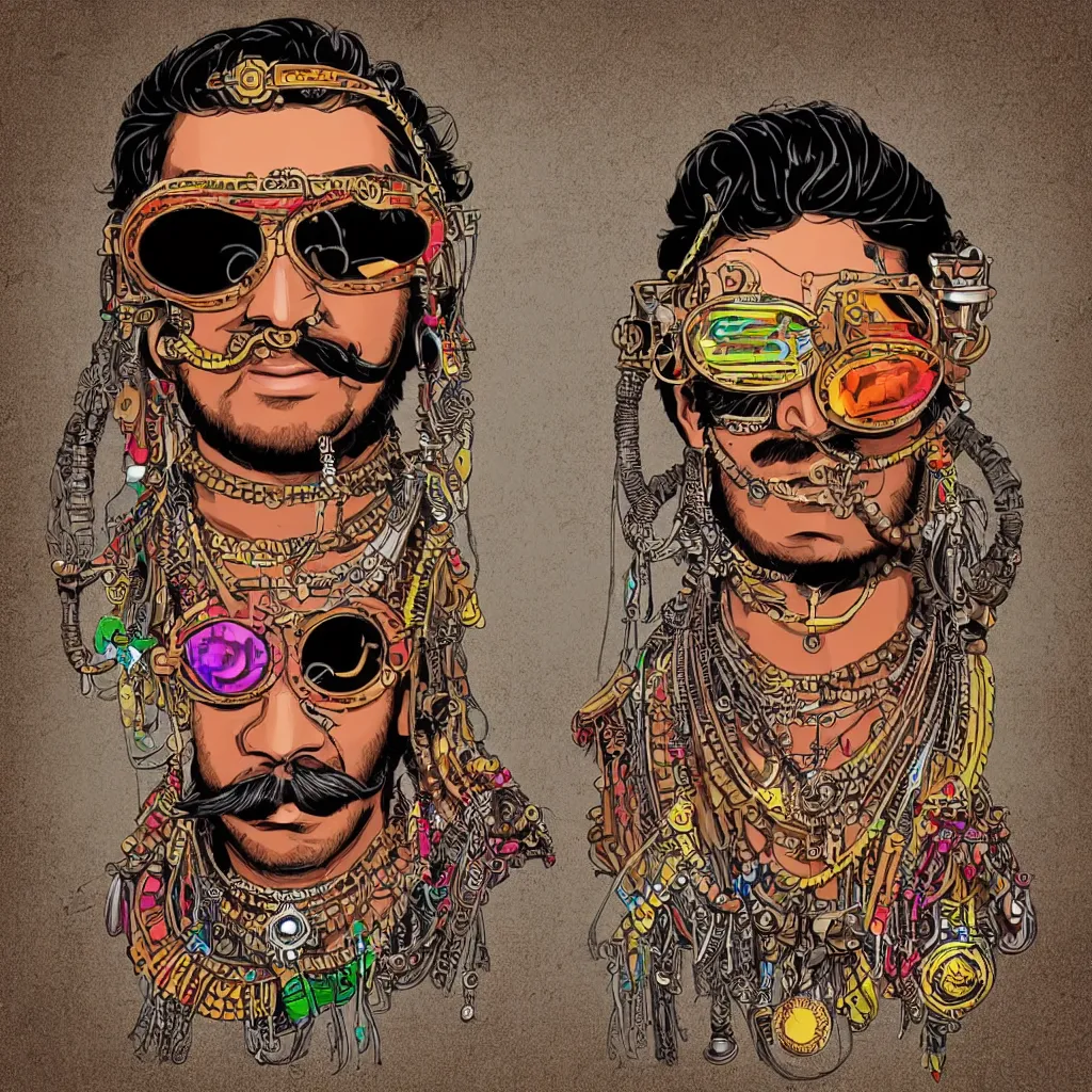 Prompt: face portrait of an indian man with long neon moustache rajasthani headgear wearing madmax style steampunk goggles and steampunk jewelry, art by butcher billy, sticker, colorful, illustration, highly detailed, simple, smooth and clean vector curves, no jagged lines, vector art, smooth