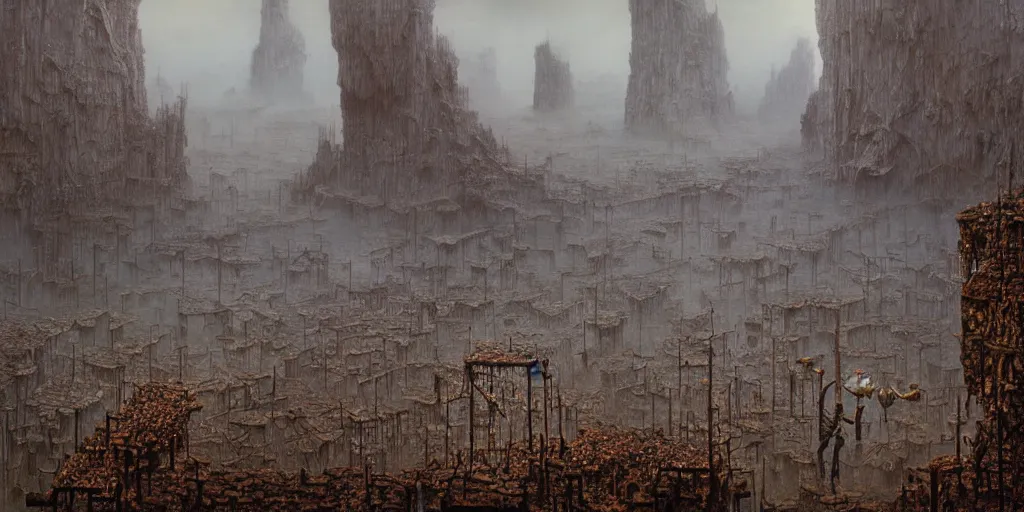 Prompt: the pits of despair, detailed matte painting of a foggy morning landscape by raqib shaw and alberto giacometti and beksiński and David Hocknet