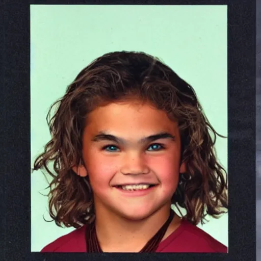 Prompt: Kindergarten yearbook photo of Jason Momoa