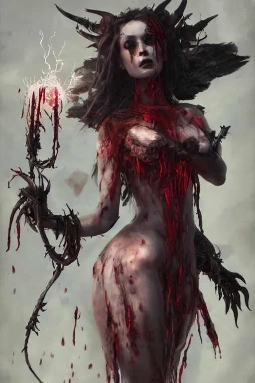 Image similar to face closeup of beautiful girl necromancer, witch - doctor covered in blood, fallen angel, diablo, 3 d render, hyper - realistic detailed portrait, holding fire and electricity, ruan jia, wlop. scifi, fantasy, magic the gathering, hyper detailed, octane render, concept art, peter mohrbacher