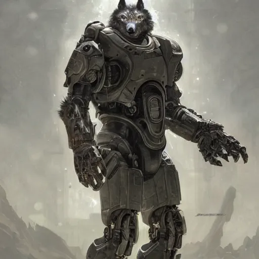 Image similar to portrait painting of a cybernetic grey werewolf with power armor, ultra realistic, concept art, intricate details, eerie, highly detailed, photorealistic, octane render, 8 k, unreal engine. art by artgerm and greg rutkowski and alphonse mucha