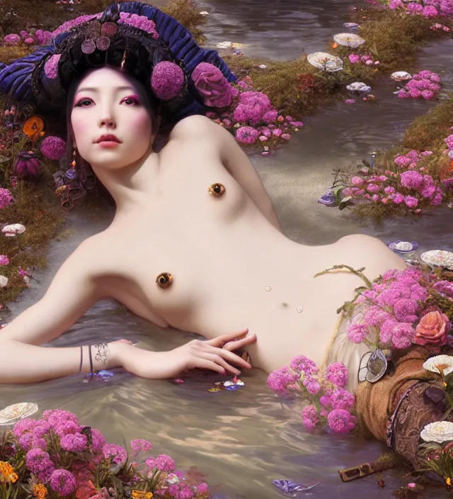 Image similar to baroque portrait of one steampunk bohemian geisha woman of porceline skin lying down in a river made of thousand of flowers, cinematic lighting, photorealistic, octane render, 8 k, depth of field, art by artgerm and greg rutkowski and alphonse mucha and uang guangjian