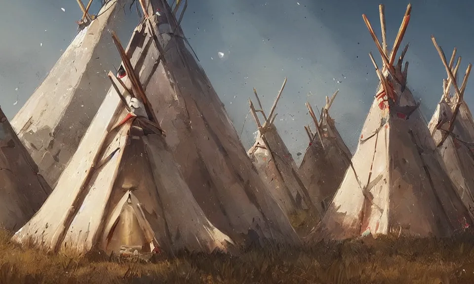 Prompt: A native american teepee city, a city full of gigantic teepees, designed by Greg Rutkowski. Trending on Artstation
