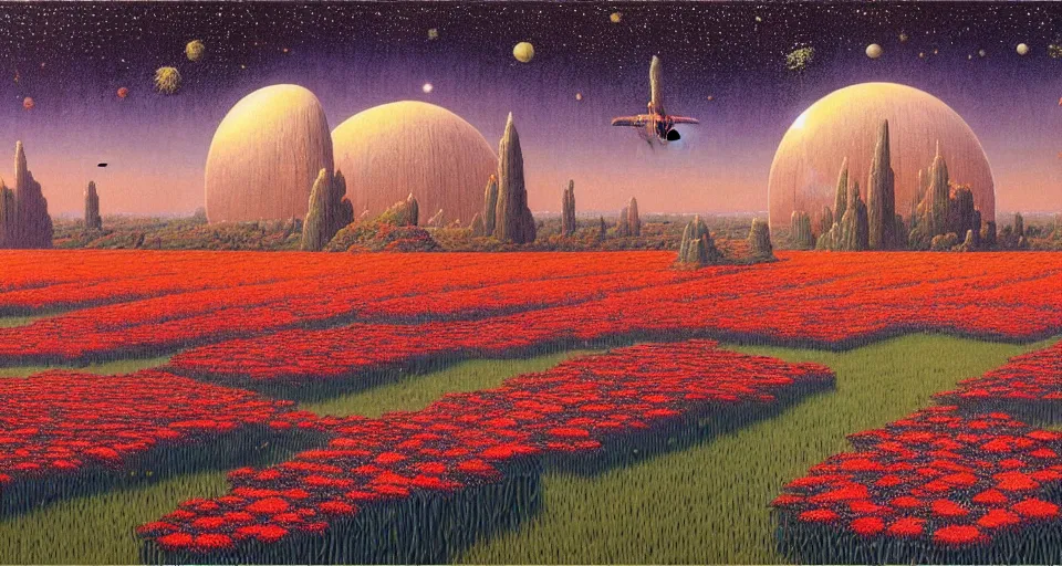 Image similar to a beautiful painting of a large perfectly cut hedge garden a field of flowers by moebius, underneath a star filled night sky, harold newton, zdzislaw beksinski, donato giancola, warm coloured, gigantic pillars and flowers, maschinen krieger, beeple, star trek, star wars, ilm, atmospheric perspective