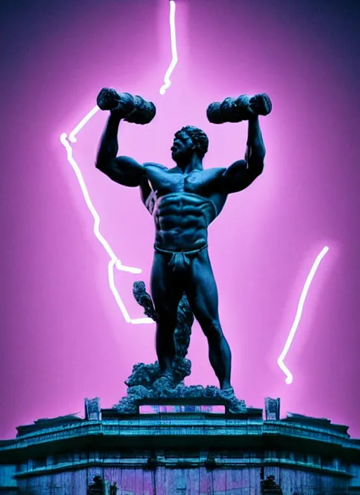 Image similar to statue of hercules looking angry, beeple, vaporwave, retrowave, black background, neon, black, glitch, strong contrast, neon wiring, cuts, american gods intro, pinterest, trending on artstation