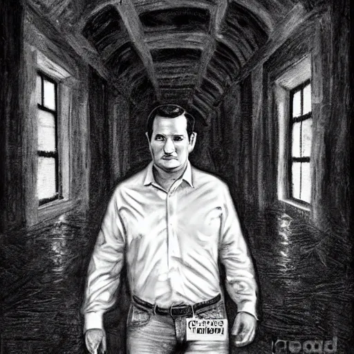 Prompt: Ted Cruz stands alone, the last man on earth, black and white, creepy lighting, scary, horror, ornate, eerie, fear, oil painting