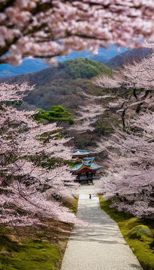 Image similar to a shinto shrine path atop a mountain,spring,sakura trees,beautiful,nature,distant shot,random point of view