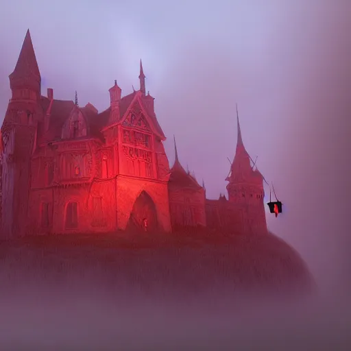 Prompt: wide angle photo of a gothic castle, the sky is red, many bats flying around in the sky, eerie fog, nightmare miasma, trending on artstation,