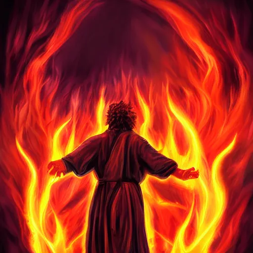 Prompt: prophet from behind with flames coming out of hands at the end of the world, very detailed, realistic, symmetrical face, art by digital painting