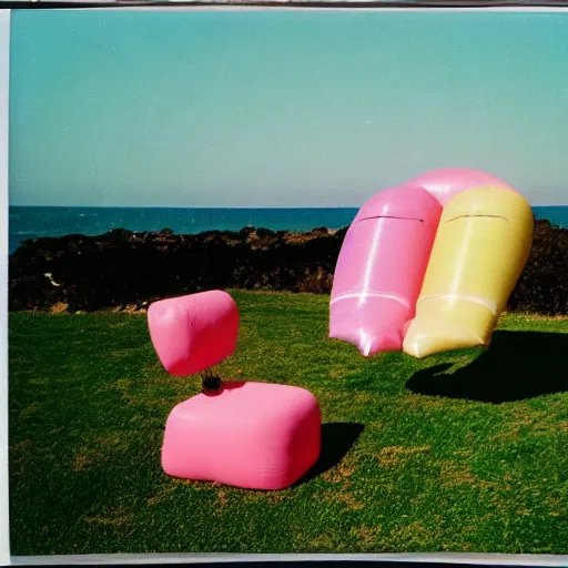 Image similar to a pastel colour high fidelity Polaroid photo from a holiday album at a seaside with abstract inflatable parachute furniture, all objects made of transparent iridescent Perspex no people, nostalgic