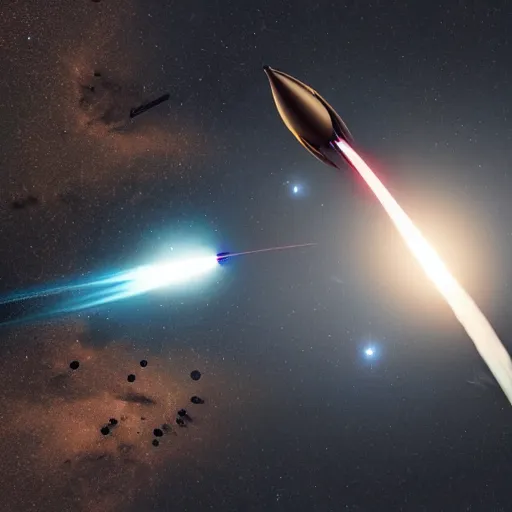 Prompt: Award-winning photograph of a missile hitting a spaceship in outer space, 8K dramatic