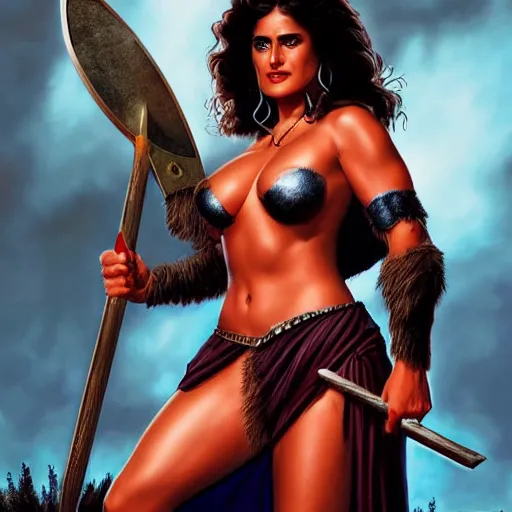 Prompt: full body photo of Salma Hayek as a Barbarian princess, Joe Jusko, digital art, artstation, 8k photography