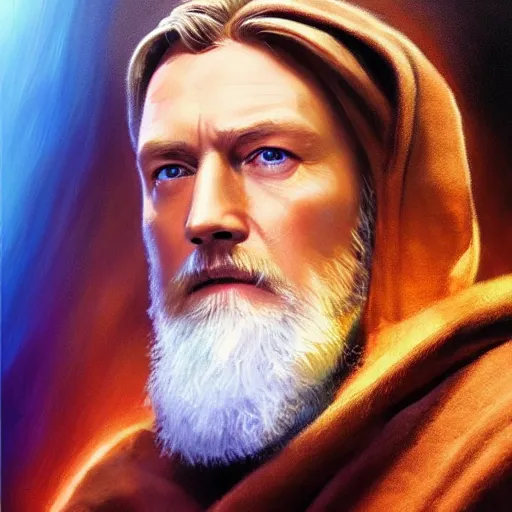 Image similar to an ultra - realistic portrait painting of obi - wan kenobi in the style of alex ross. 4 k. ultra - realistic. highly detailed. epic lighting.