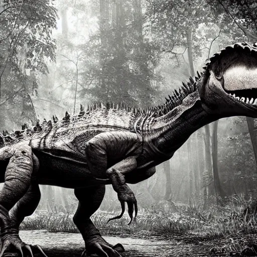 Prompt: hyper realistic vintage photograph of a real scientifically accurate dinosaur in a forest, ultra detailed, grain, old, monochrome, sepia toned, realistic lighting, wide angle, prehistoric planet, jurassic park