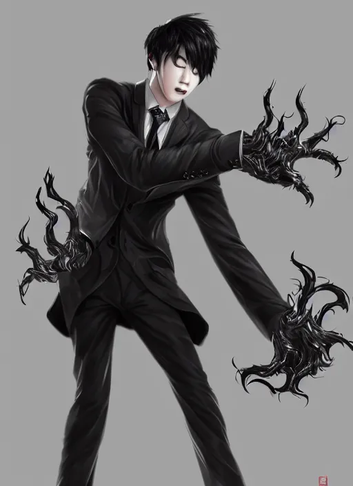 Prompt: a highly detailed illustration of attractive korean man with black hair wearing shirt and tie with giant black mist claws, wielding giat black mist claws pose, tired expression, black mist background, intricate, elegant, highly detailed, centered, digital painting, artstation, concept art, smooth, sharp focus, league of legends concept art, wlop.