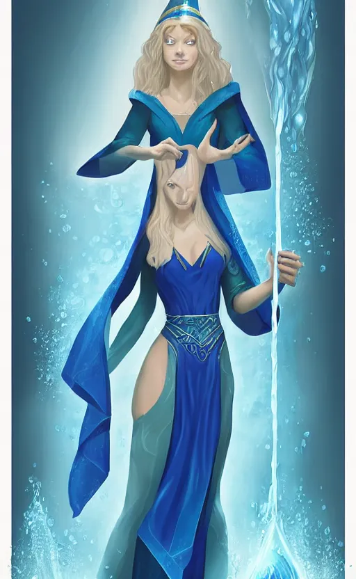 Image similar to elf female sorcerer doing water magic spells, blue robes, exquisite details, full body character design on a white background, by studio muti