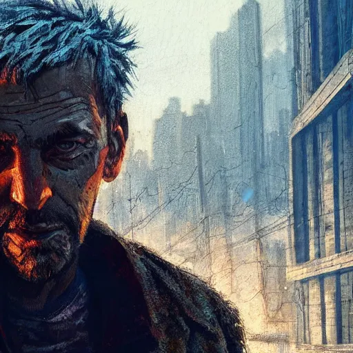 Image similar to cyberpunk, closeup portrait of a shaggy old cyberpunk fence, bald, tired eyes, tattered tweed jacket, dramatic light, city background, sunset, dystopian setting, high contrast, sharp, neuromancer, the finn, painted by stanley lau, painted by greg rutkowski, painted by stanley artgerm, digital art, trending on artstation