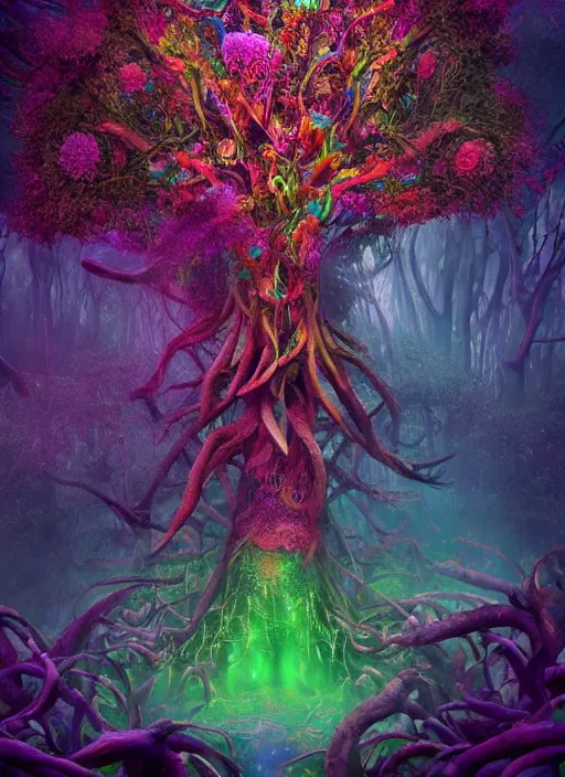 Prompt: a small psychedelic surreal horror giant made of multicolored psychotropic trees and flowers, magical creatures in the chaotic spirit forest, fulcolor octane reminder, cinematic, ultra - realistic, bizarre weird cosmic conceptual tribal art