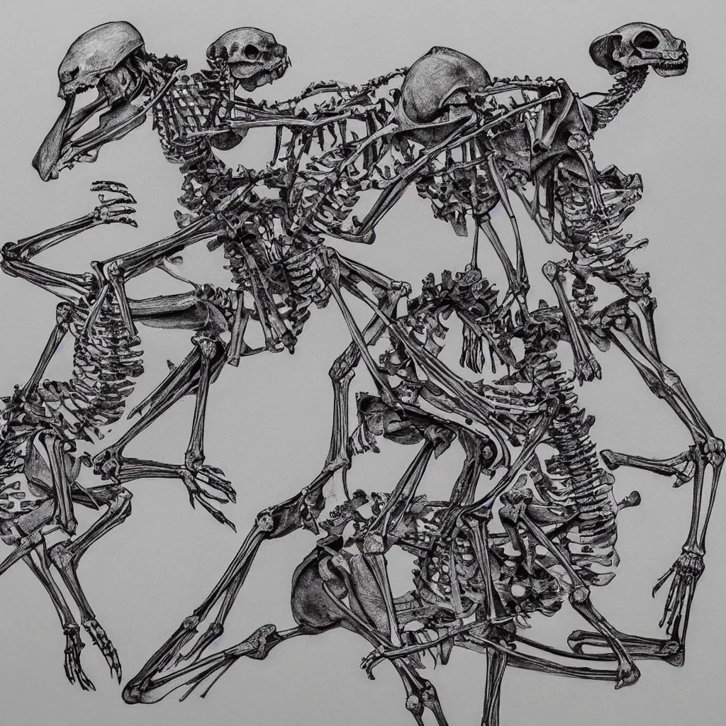 Image similar to t-shirt design of one kangaroo skeleton fighting another kangaroo skeleton, super detailed, symmetrical, pencil illustration