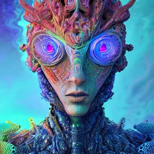 Image similar to Face of a Alien Deity, corals, plume made of fractals, extremly detailed digital painting, in the style of android jones, artwork of a futuristic artificial intelligence superstar, mystical colors, rim light, beautiful lighting, 8k, stunning scene, raytracing, octane, under water visual distortion, trending on artstation