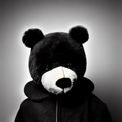 Image similar to a ( ( ( ( ( ( ( ( ( chiaroscuro lighting portrait ) ) ) ) ) ) ) ) ) ) of kanye west dressed as teddy bear mascot, black background, portrait by julia margaret cameron, shallow depth of field, 8 0 mm, f 1. 8