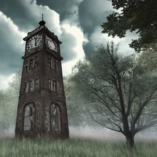 Prompt: An abandoned wacky clock tower based in the victorian period, the clouds are darky with gloomy lighting in unreal engine n- 4