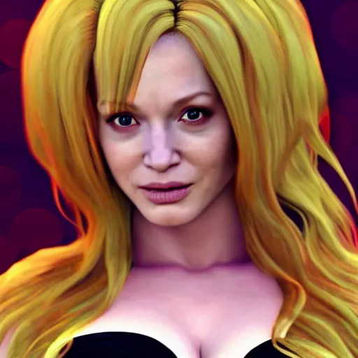 Image similar to Christina Hendricks Turning to super Saiyan, realistic 3d render,