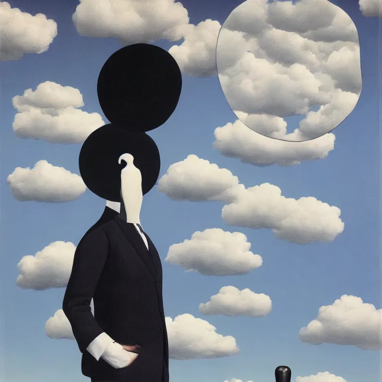 Prompt: portrait of a faceless mirror - head man in a suit, clouds in the background, by rene magritte, detailed painting, distance, middle centered, hd, hq, high resolution, high detail, 4 k, 8 k